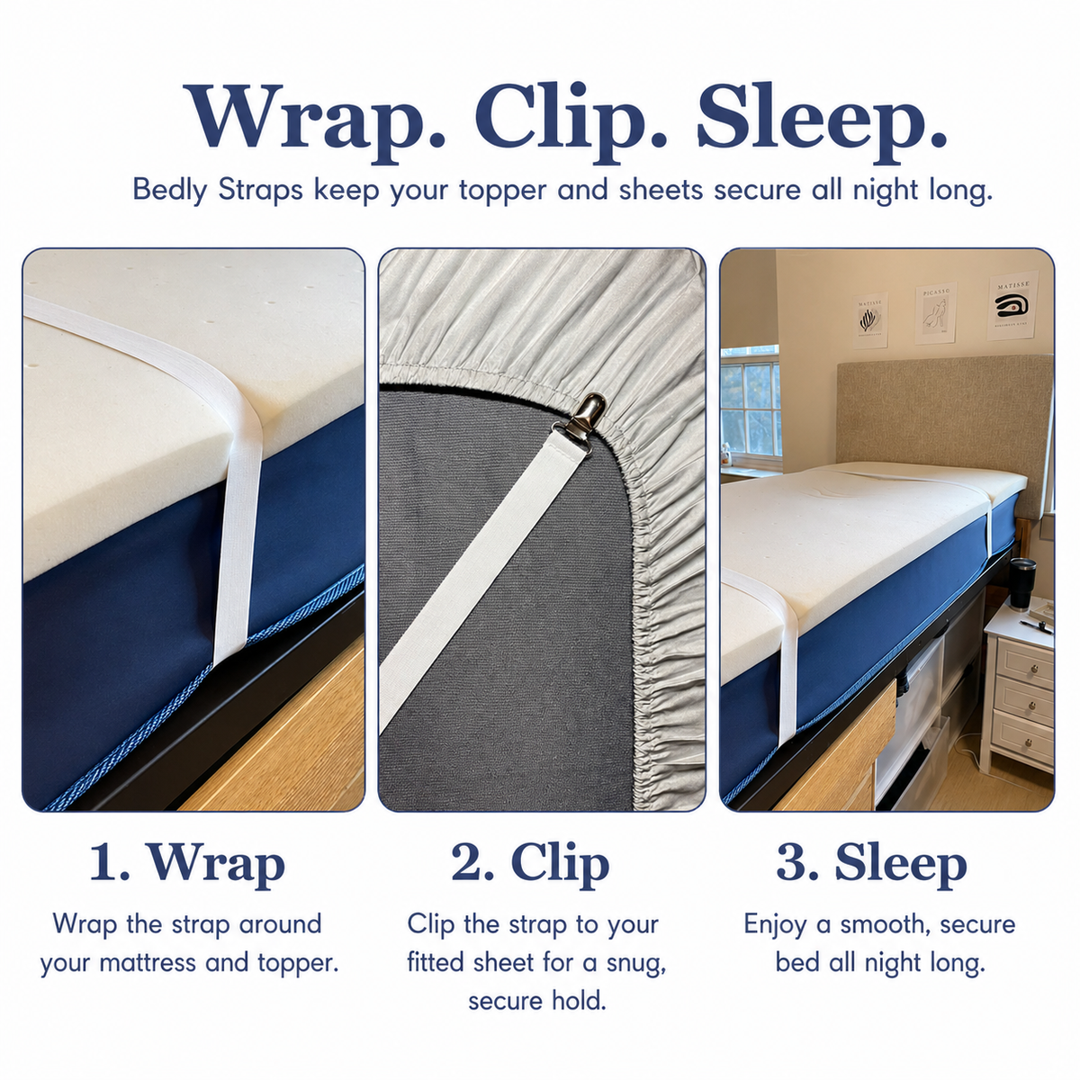 Diagram showing how Bedly Straps wrap around a Twin XL mattress and topper and clip to the fitted sheet