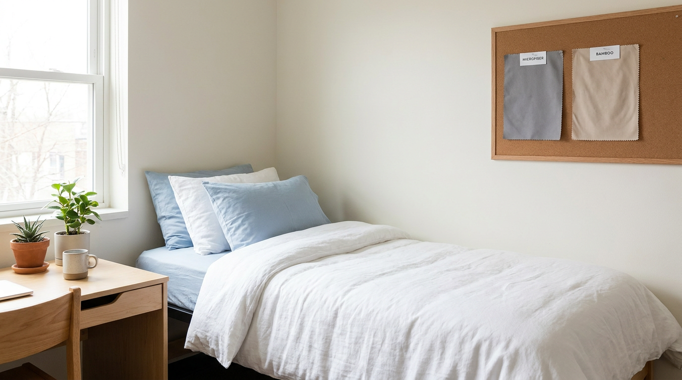 Neatly made Twin XL dorm bed with soft bamboo and microfiber sheet swatches in a cozy college dorm room