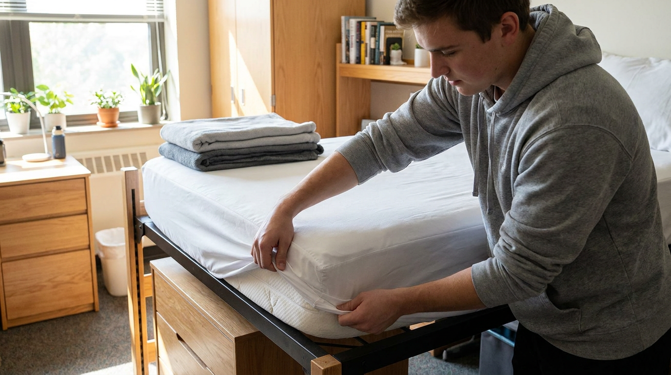 College student tucking in a white fitted sheet on a dorm bed