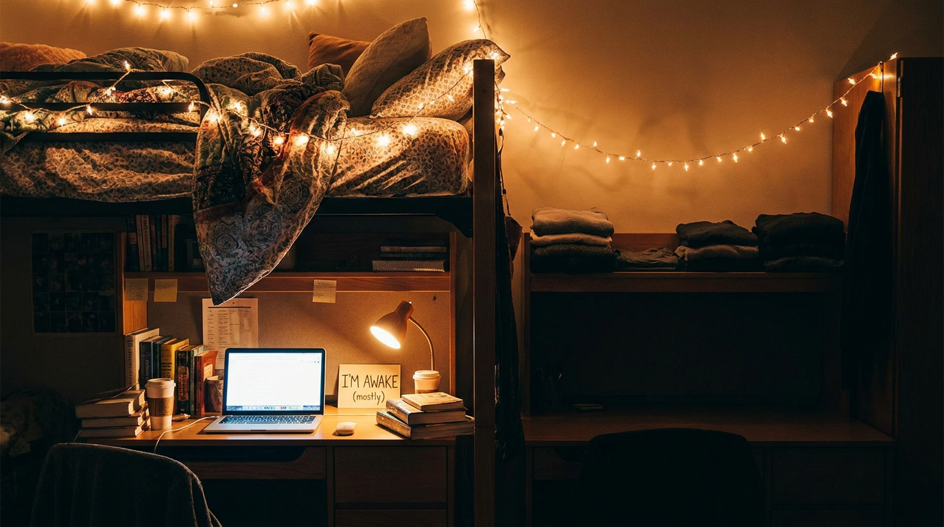 Cozy but chaotic dorm room at night with glowing laptop, fairy lights, and a lofted dorm bed