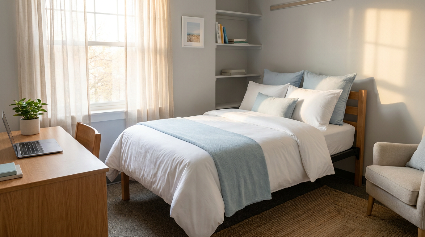 Cozy college dorm room with a neatly made Twin XL bed