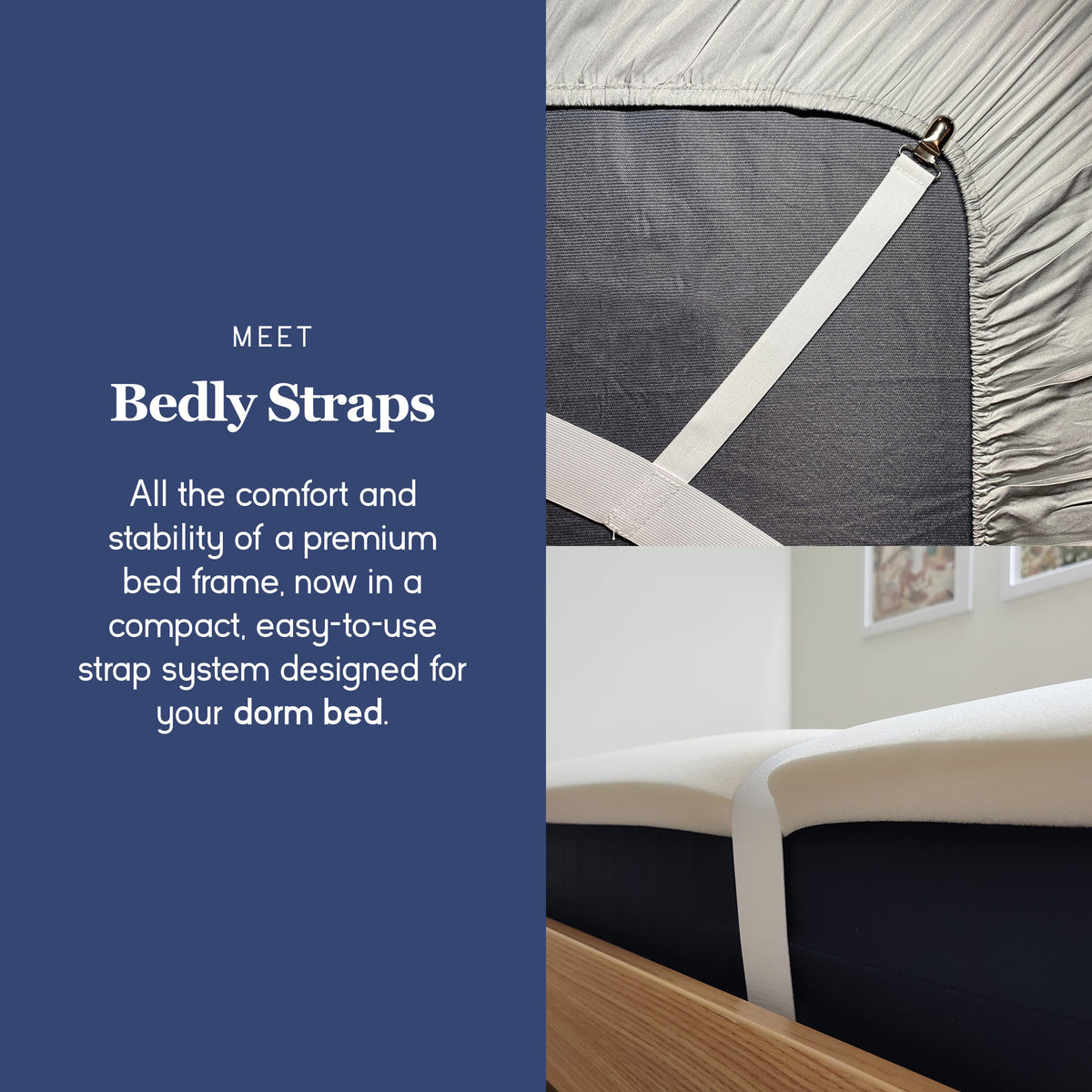 Bedly Straps wrapped around a Twin XL dorm mattress and topper, holding the bed layers together