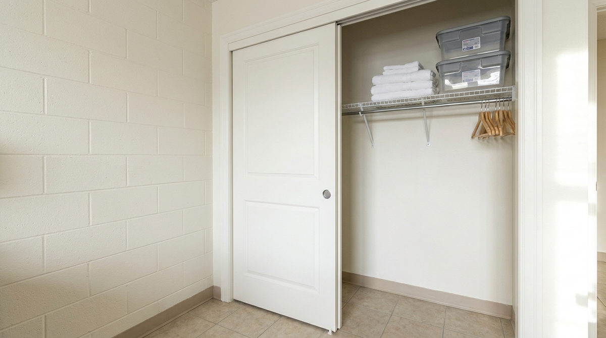 Empty dorm room closet with wire shelving, clear storage bins, and folded towels on the top shelf