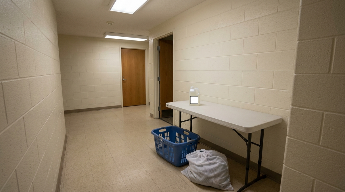 Empty college dorm laundry alcove with a blue laundry basket, a white mesh laundry bag and a folding table