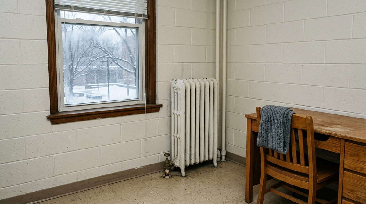 Empty college dorm room in winter with a white cast-iron radiator under a window looking out on snow