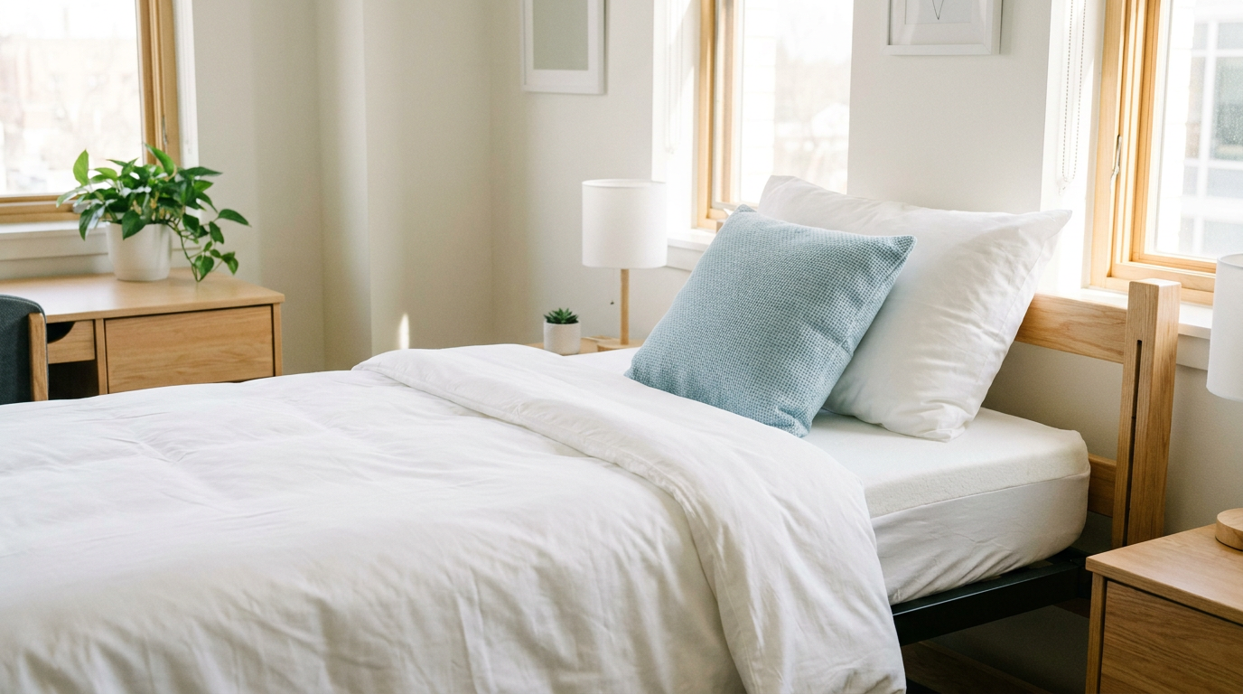 A neatly made Twin XL dorm bed with bamboo sheets and mattress topper
