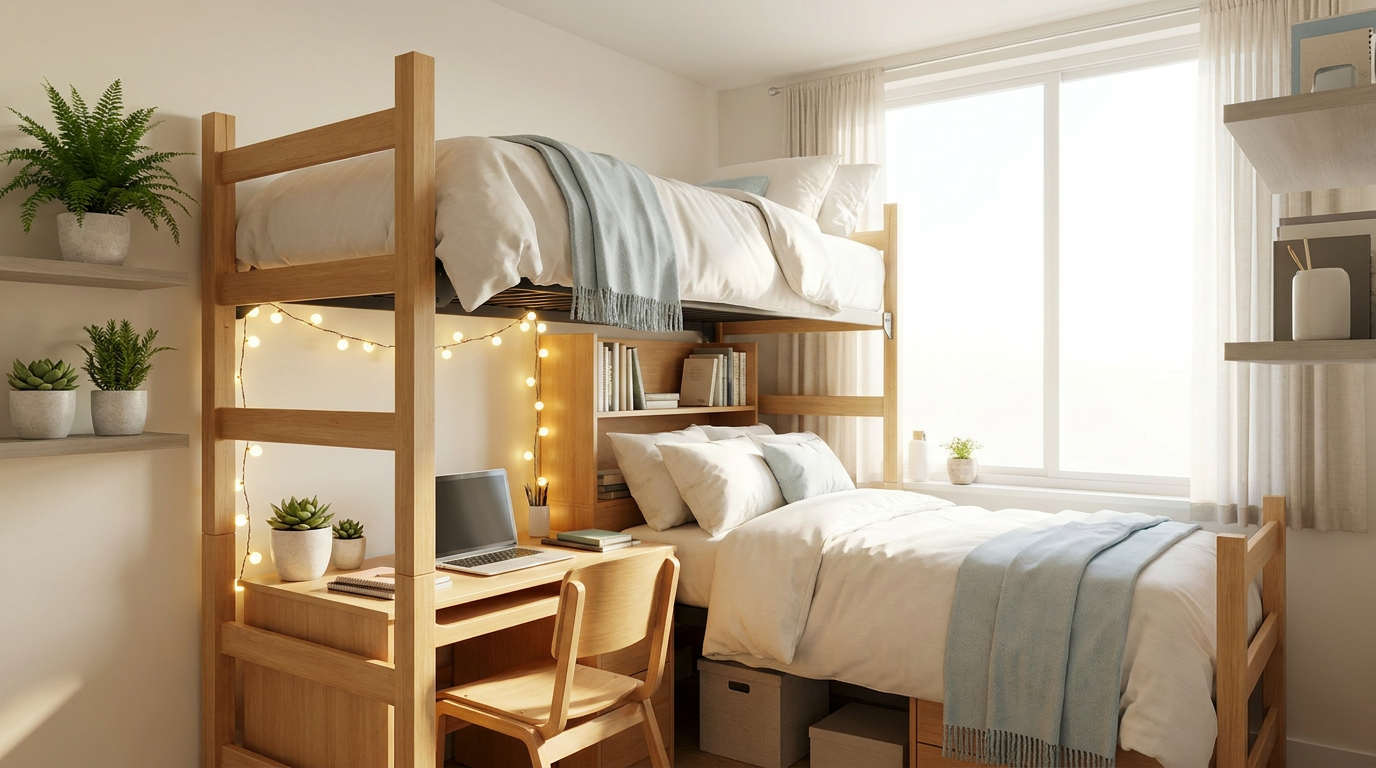 Organized college dorm room with a well-made Twin XL lofted bed