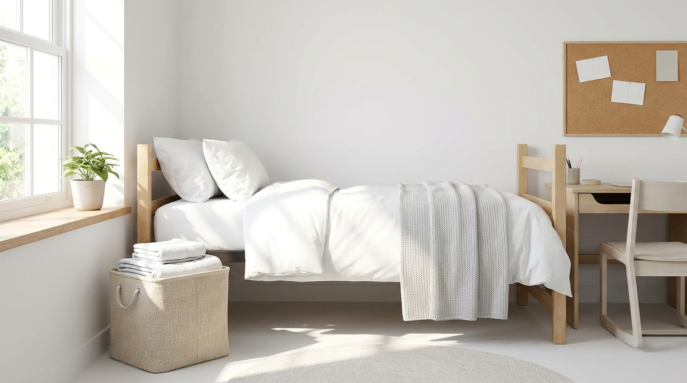 Clean dorm bed with fresh sheets and a folded laundry basket