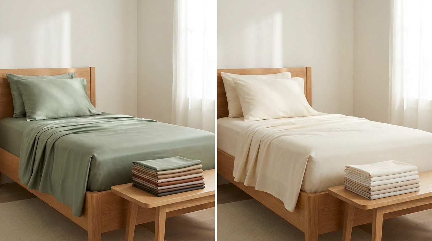 Bamboo and cotton sheet swatches folded side by side on a wooden surface