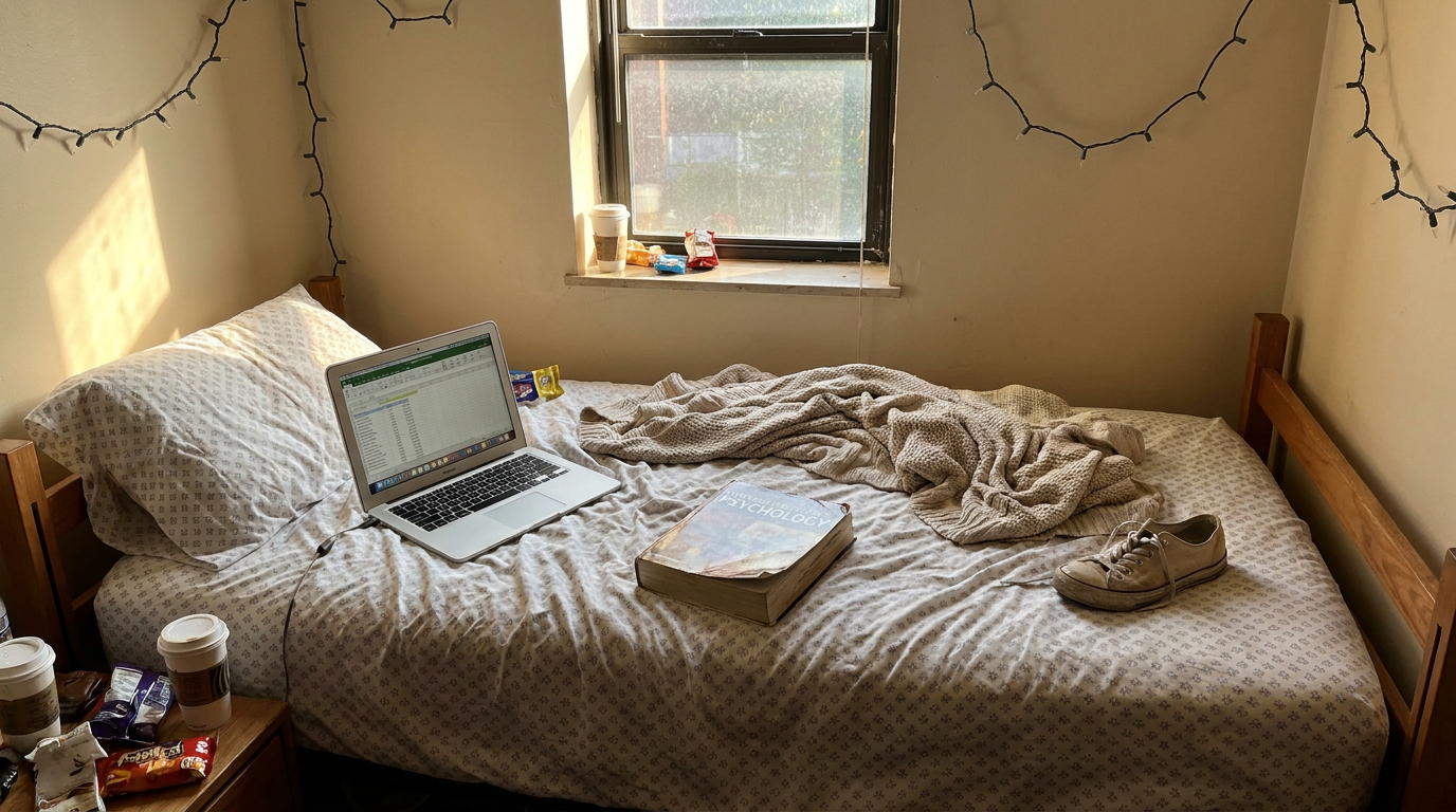 A messy but cozy dorm room with an open laptop on rumpled Twin XL bedding