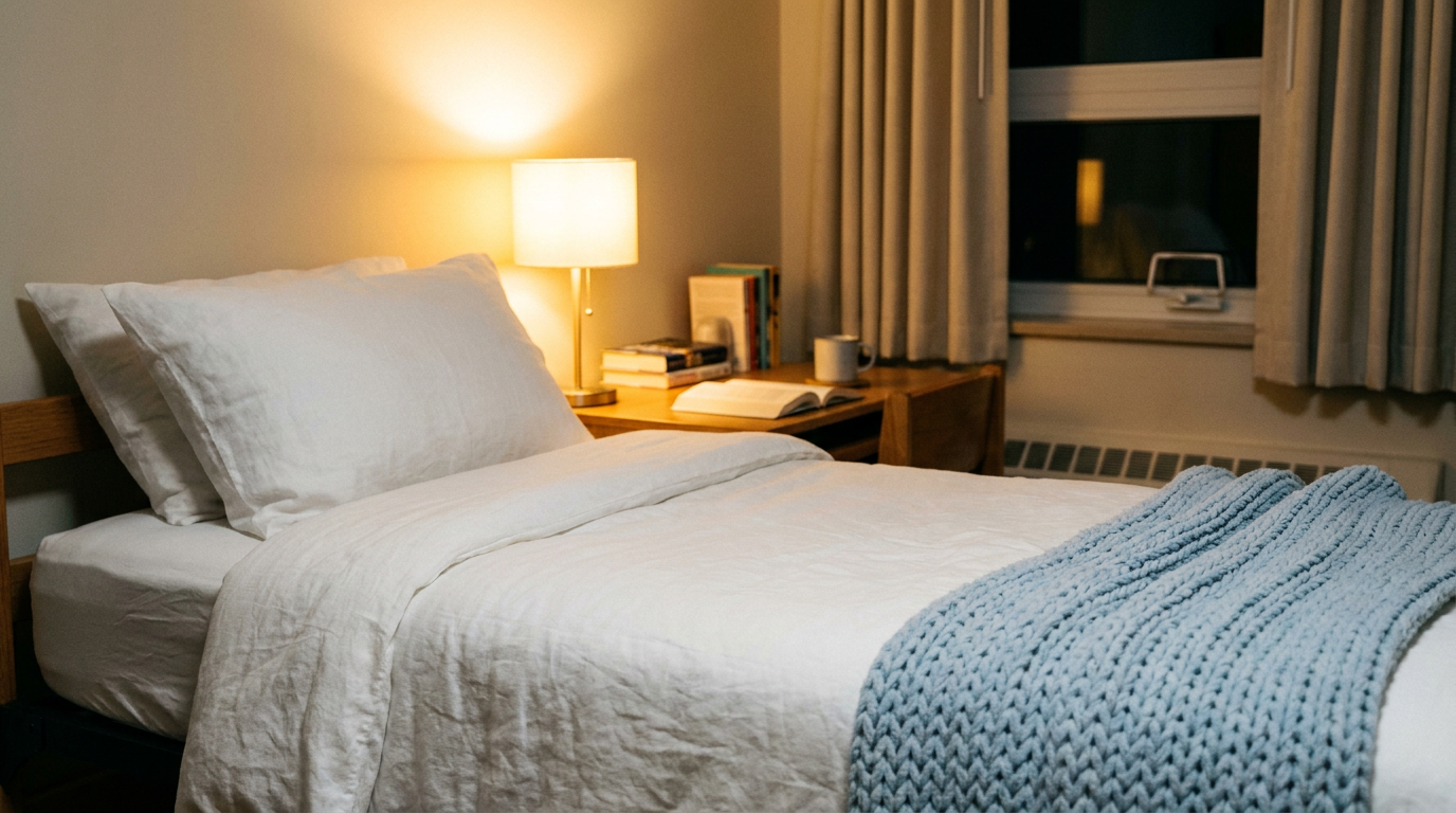 A cozy Twin XL dorm room bed at night with soft white bedding and warm bedside lamp glow