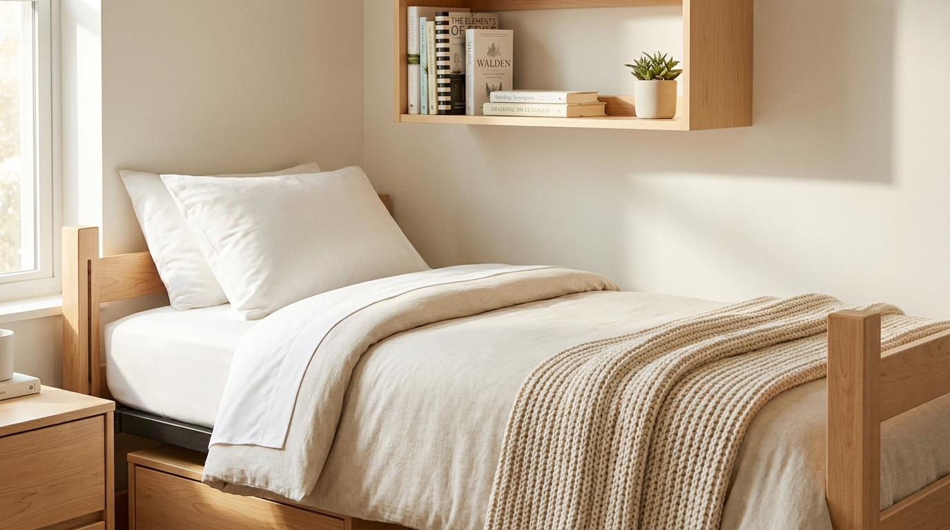 A perfectly made Twin XL dorm bed with bamboo sheets and a neutral comforter in a sunlit dorm room.