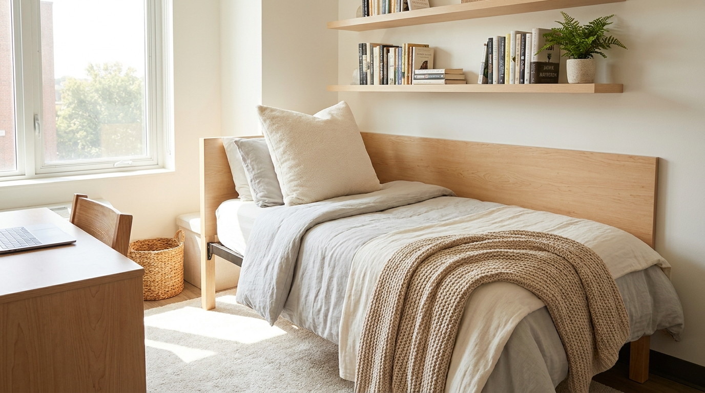 A neatly styled Twin XL dorm bed with neutral bedding and wall shelves above, making the bed look more spacious.