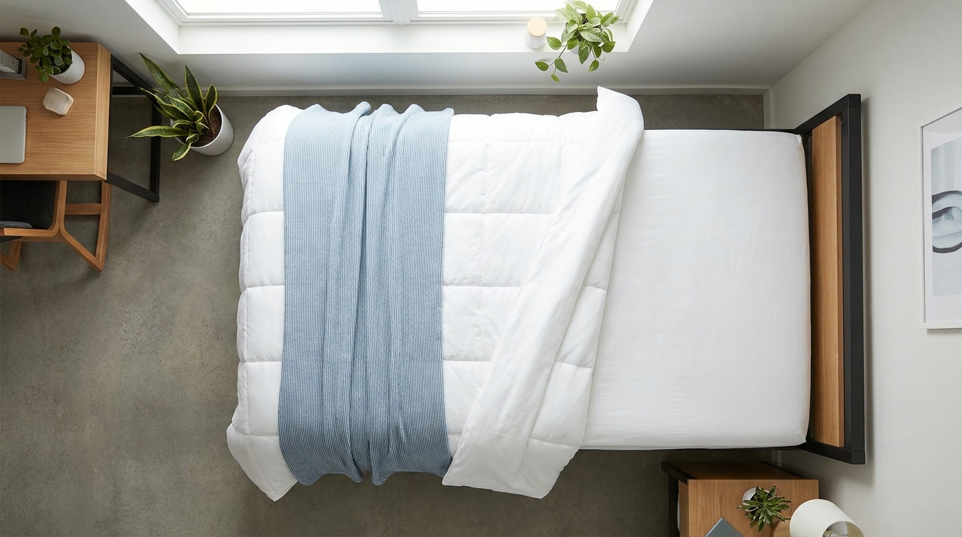 Neatly made college dorm Twin XL bed with white and blue bedding