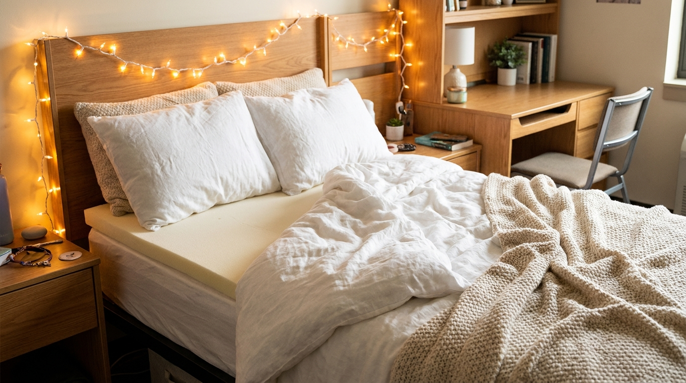 Cozy college dorm bed with a memory foam mattress topper under white bedding