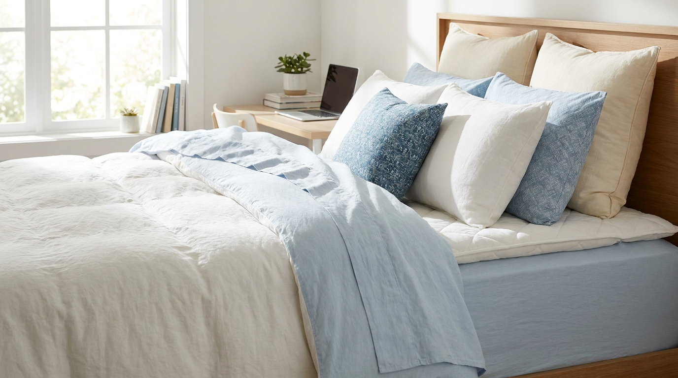 Neatly made Twin XL dorm bed with bamboo sheets and mattress topper
