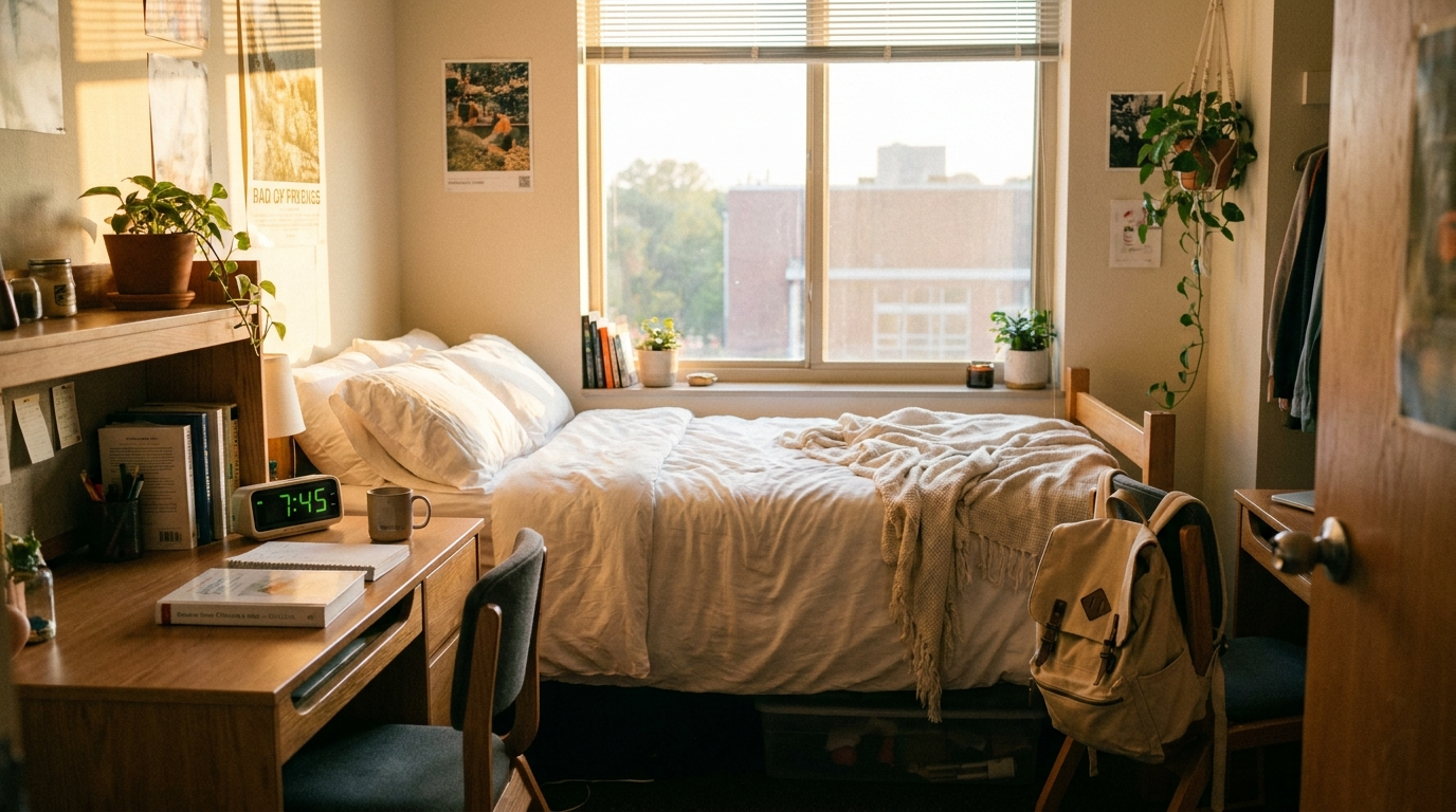 College dorm room in early morning with alarm clock and backpack ready for 8 AM class