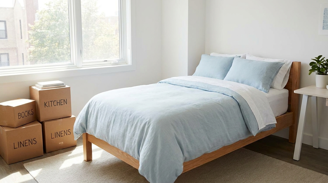 Neatly made Twin XL dorm bed with bamboo blue and white bedding next to moving boxes