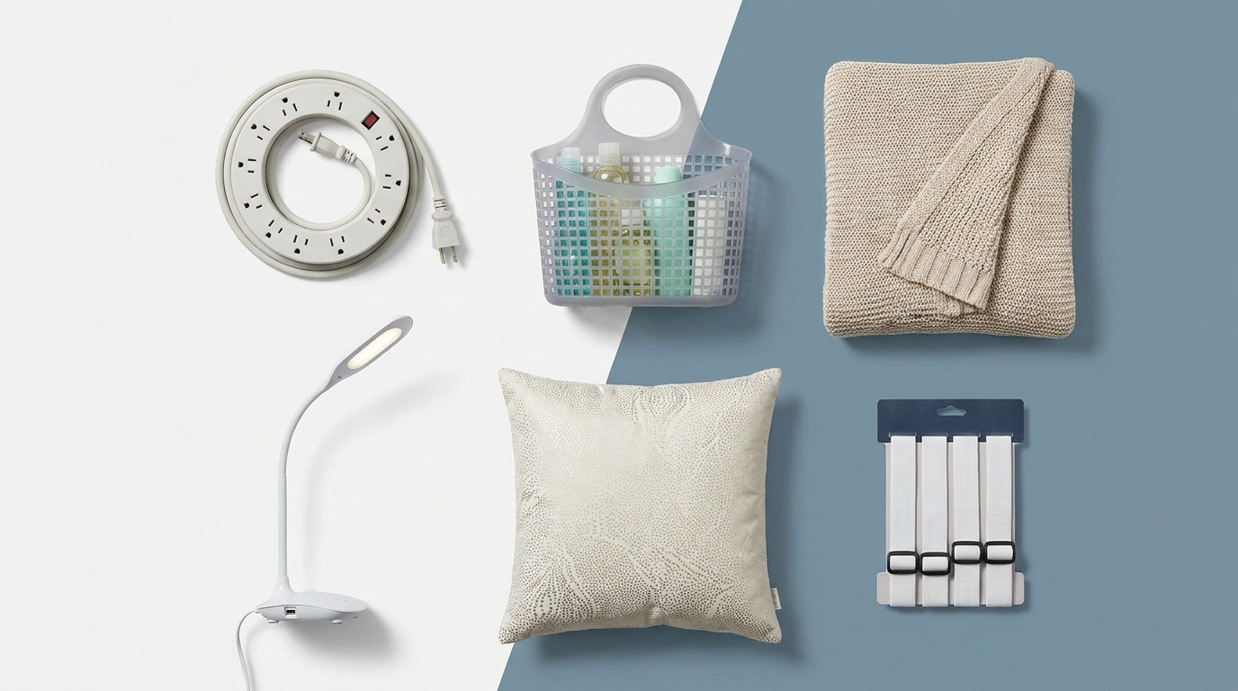 Flat lay of affordable college dorm gift items including bedding straps, lamp, and shower caddy
