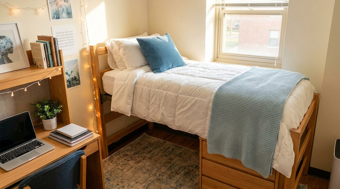 Neatly made lofted twin XL dorm bed with white and light blue bedding