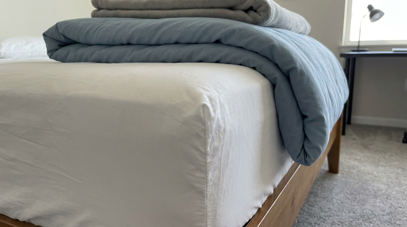 Close-up of a neatly tucked fitted sheet corner on a Twin XL dorm mattress