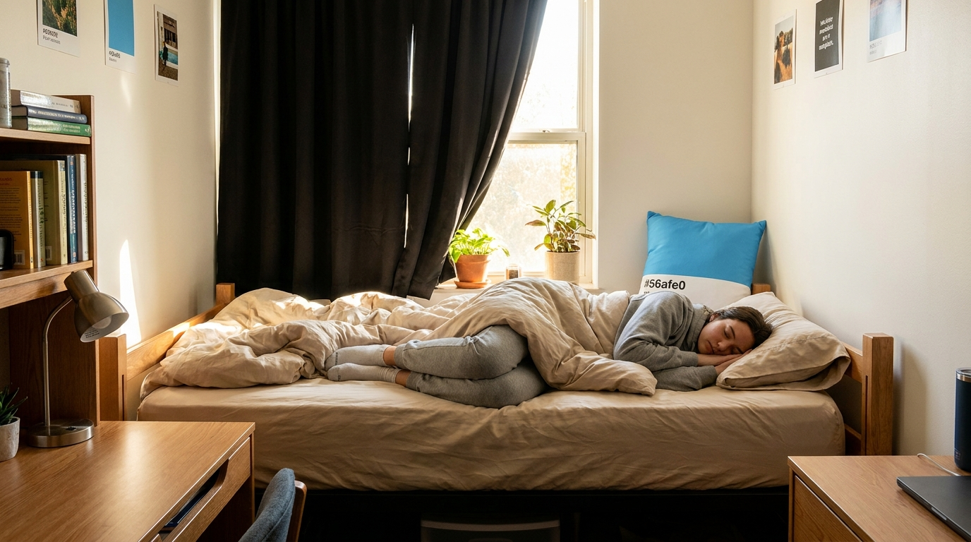 College student napping on a soft bamboo bedding Twin XL dorm bed with daylight through a blackout curtain