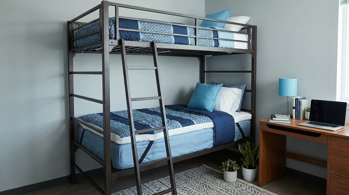Lofted Twin XL dorm bed with straps securing the mattress topper and fitted sheet