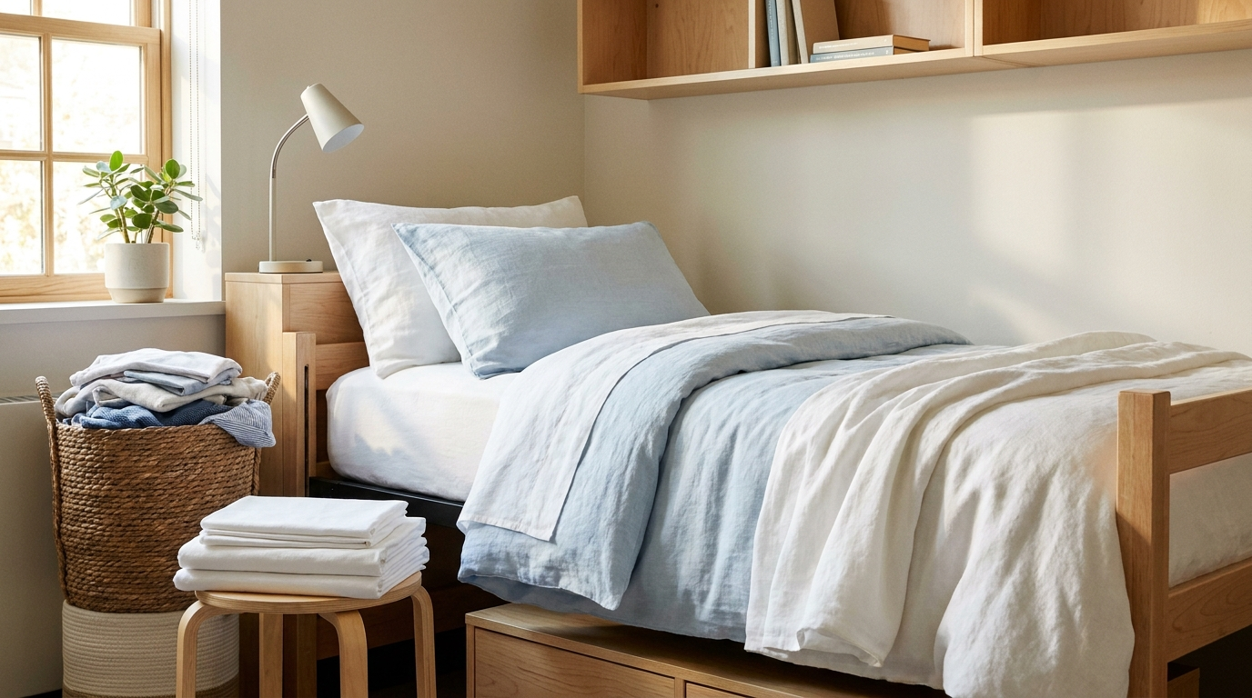 Neatly made Twin XL dorm bed with fresh folded sheets and a laundry basket
