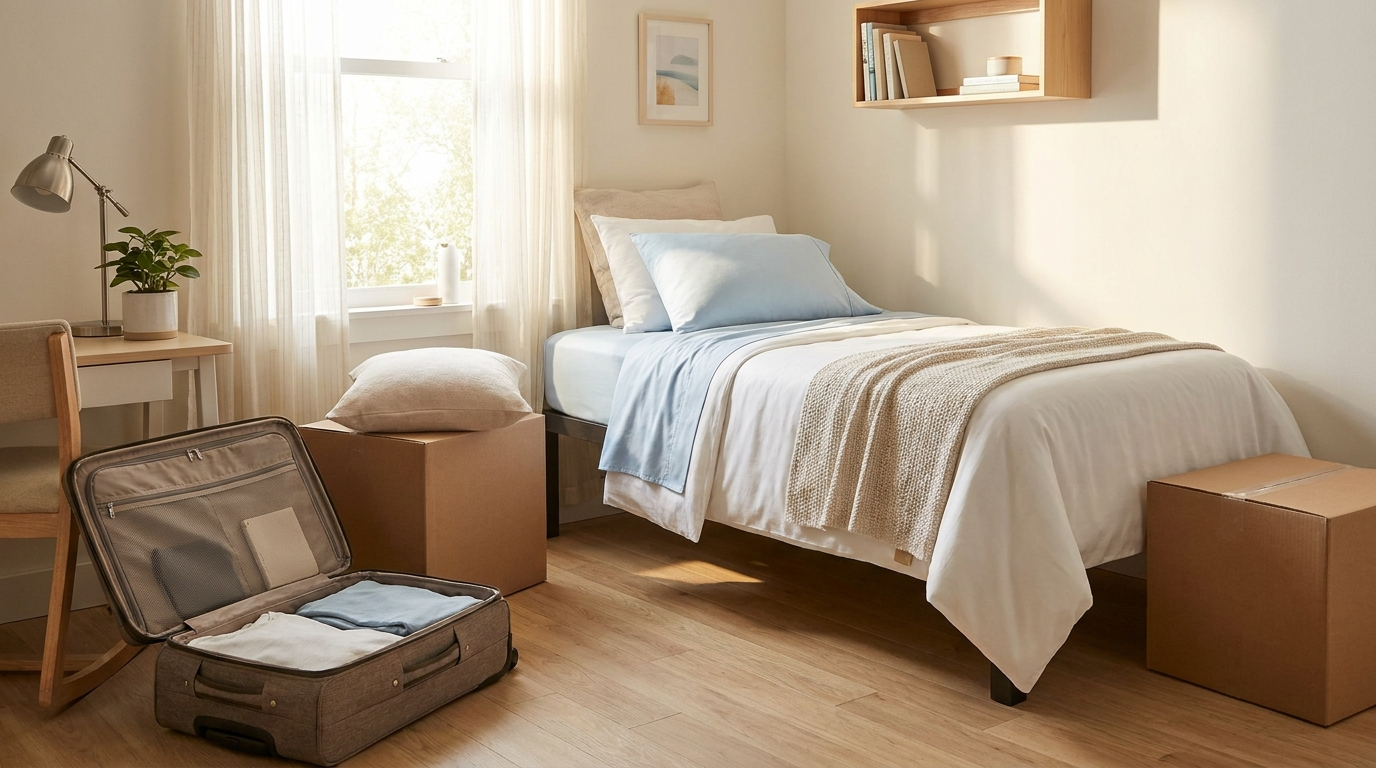 Neatly made Twin XL dorm bed with an open suitcase and moving boxes for summer move-in