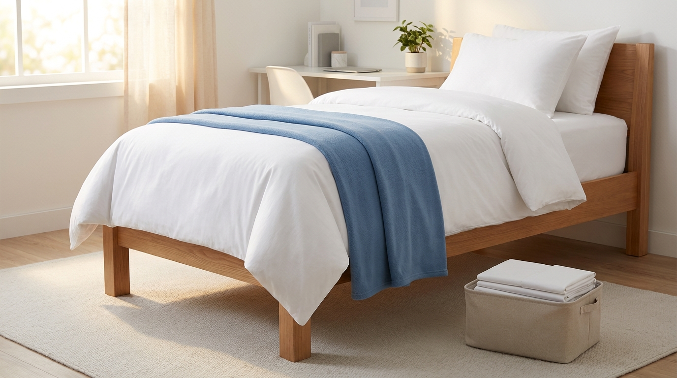 Neatly made Twin XL dorm bed with white bedding and a Bedly blue throw, with a laundry basket beside it