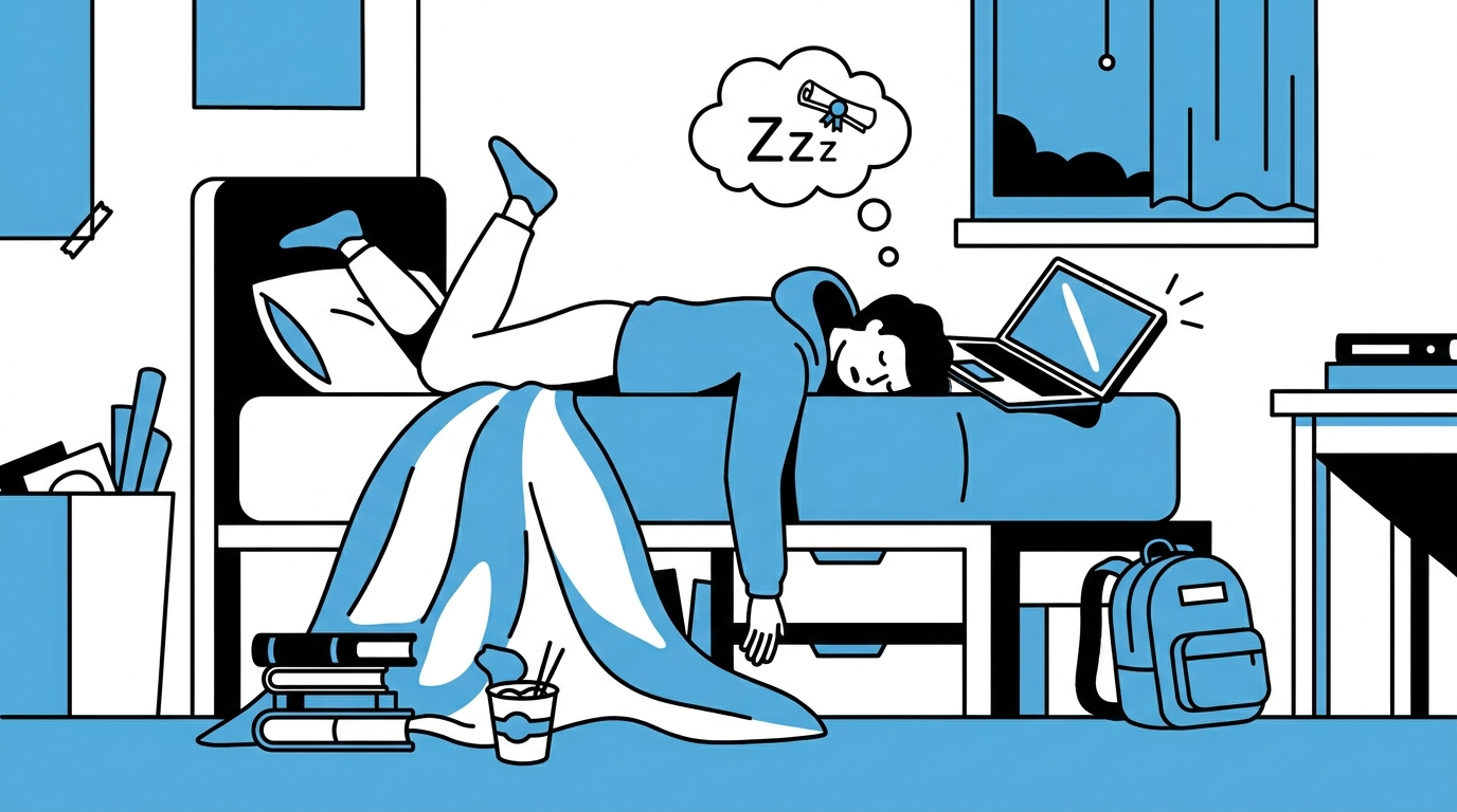 Illustration of an exhausted college student sprawled across a dorm bed with a laptop still glowing nearby