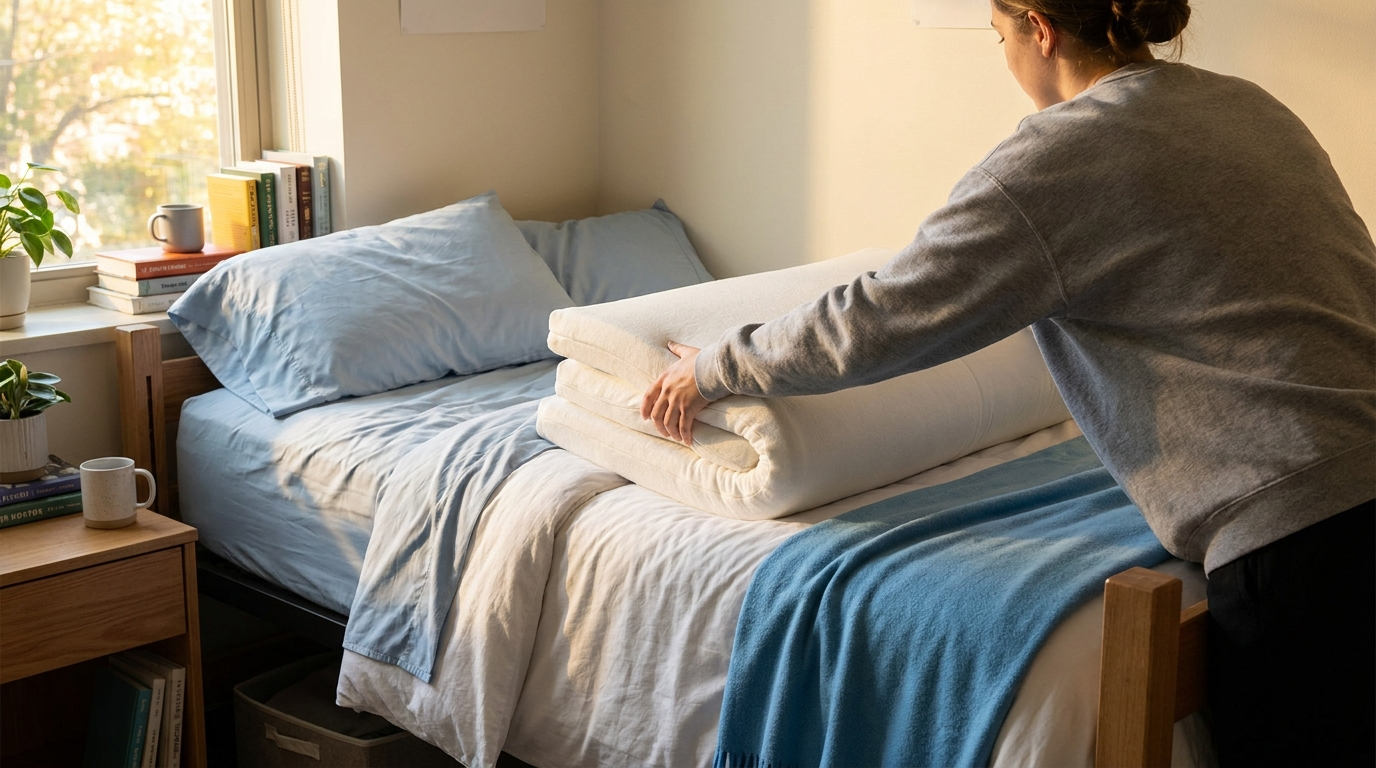 Dorm bed with a sagging mattress being fixed with a bamboo mattress topper