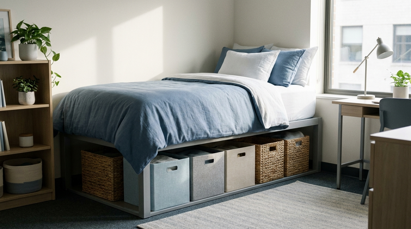 Organized under-bed storage bins in a tidy Twin XL college dorm room