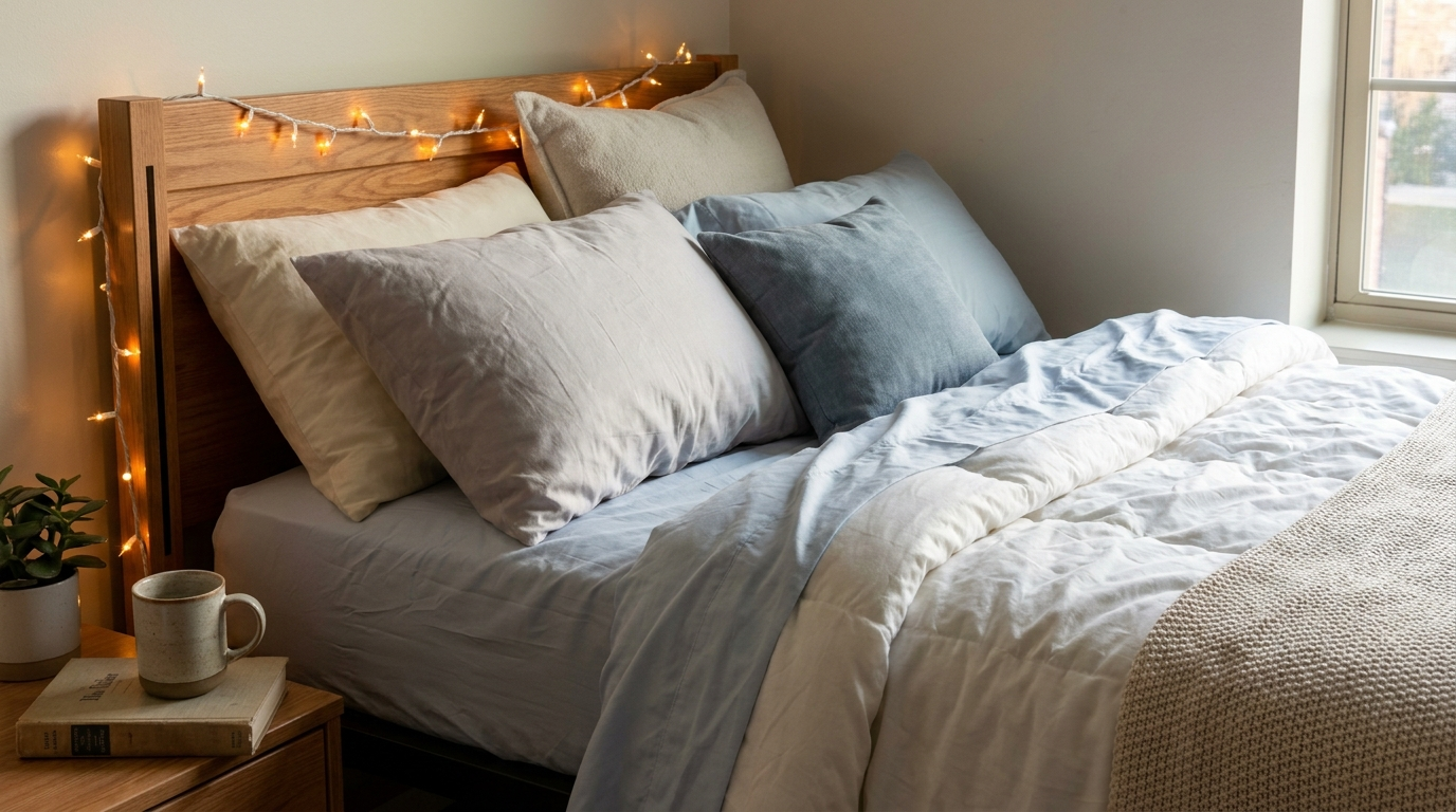 Cozy Twin XL dorm bed with soft bamboo bedding and warm string lights