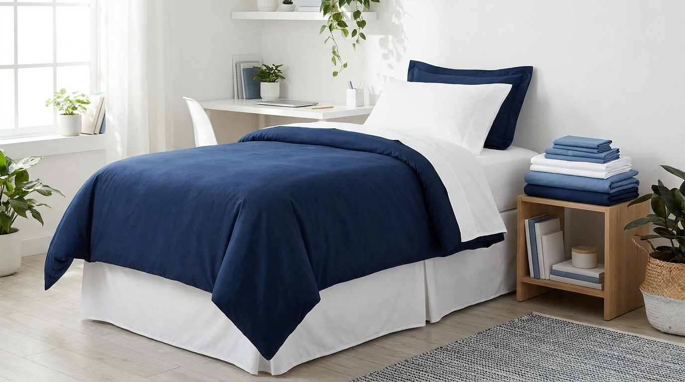 Neatly folded Twin XL dorm bed sheet sets stacked next to a made bed in a college dorm room