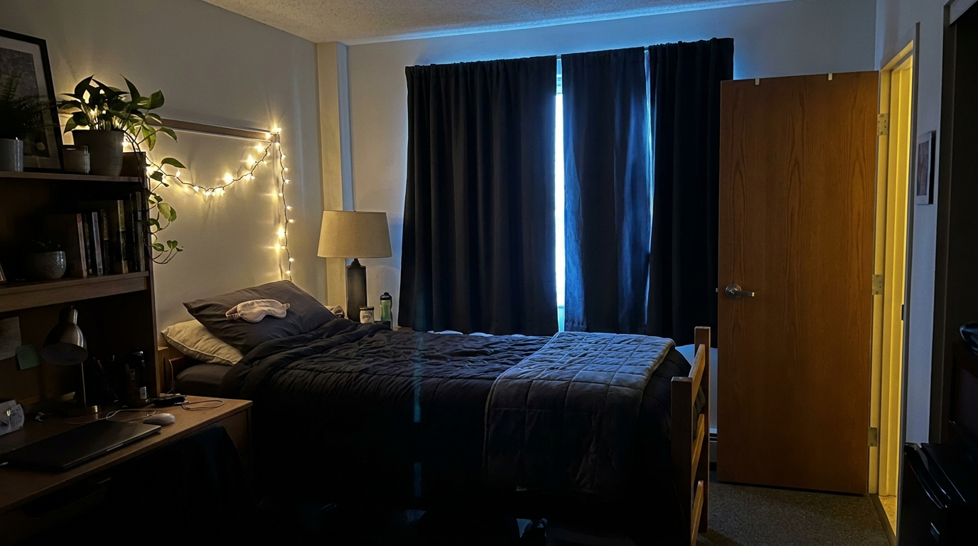 Dark college dorm room at night with a Twin XL bed, blackout curtains, and a sleep mask on the pillow