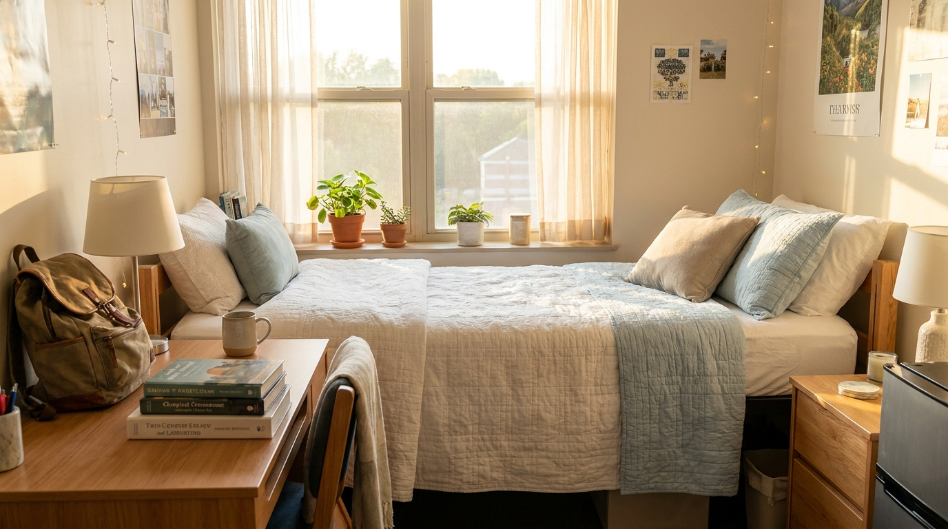 Bright, cozy college dorm room with a neatly made Twin XL bed in morning light
