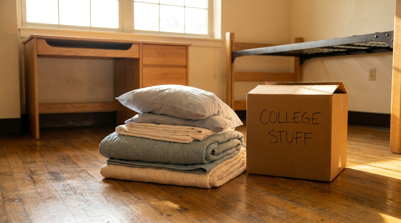 Neatly folded bedding and a labeled moving box on a sunlit dorm room floor