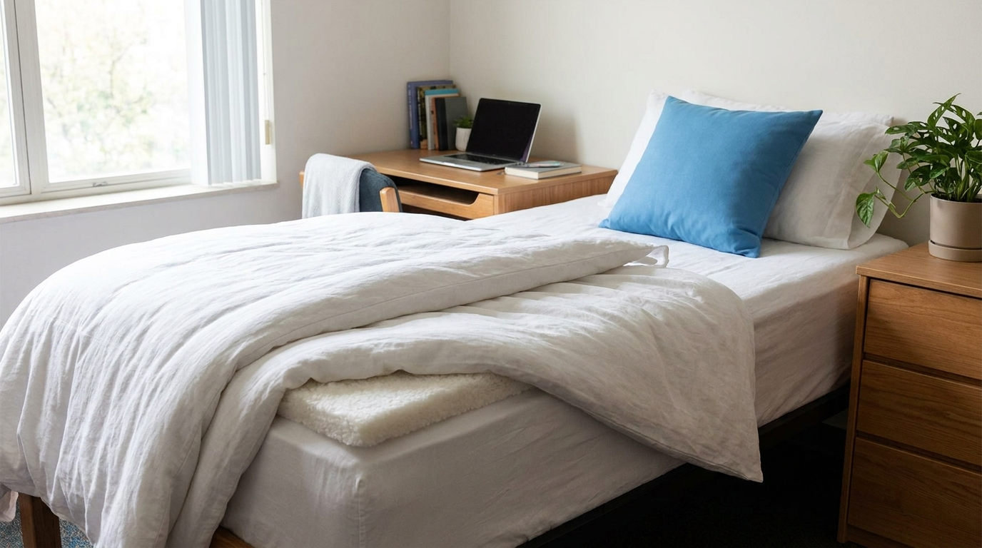 Twin XL dorm bed with a thick mattress topper under the sheets