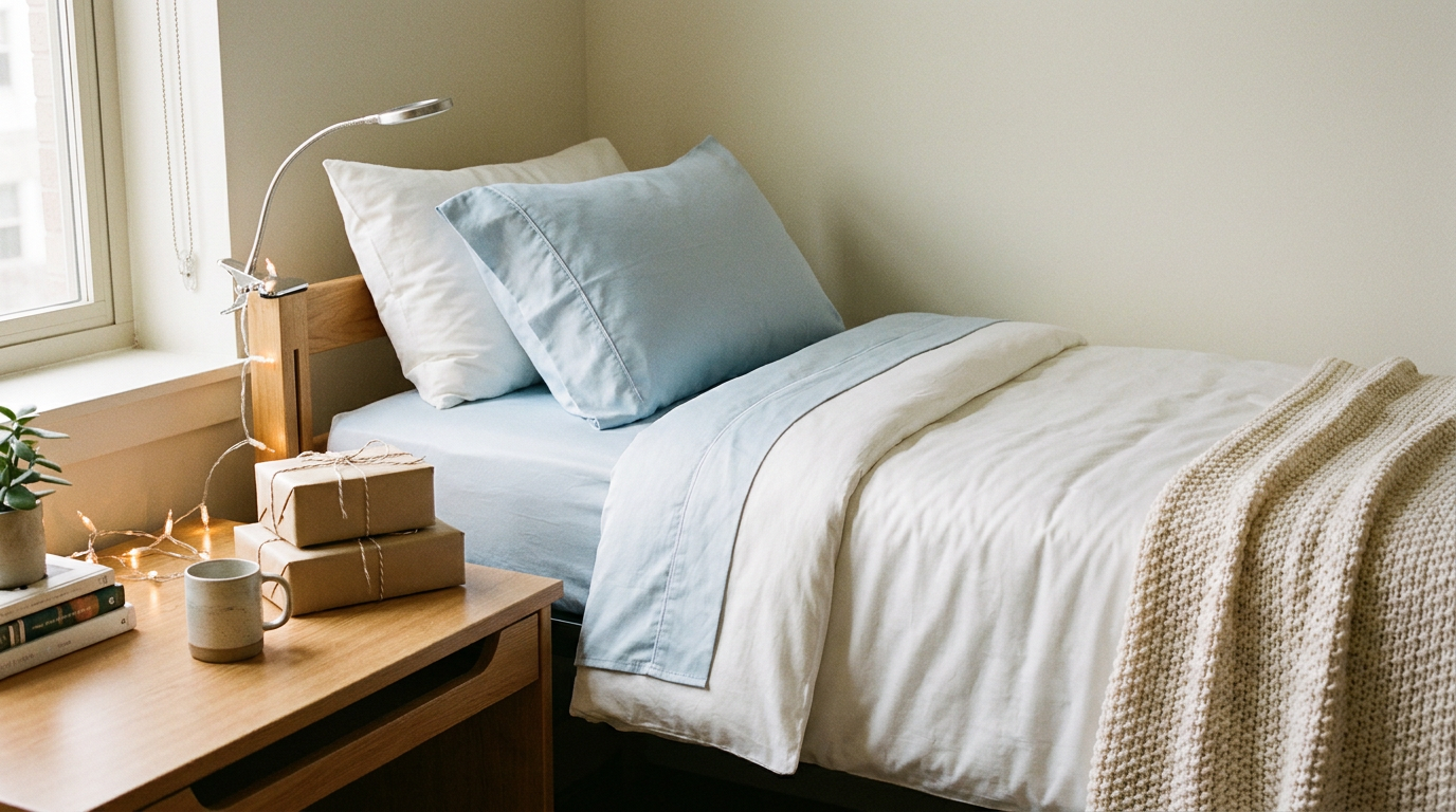 Cozy Twin XL dorm bed with bamboo bedding styled as a gift guide setup