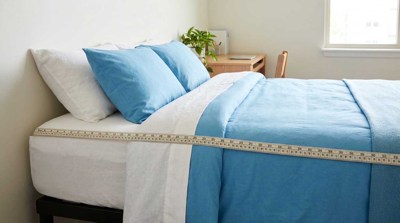 Twin XL dorm bed mattress with a measuring tape showing its dimensions