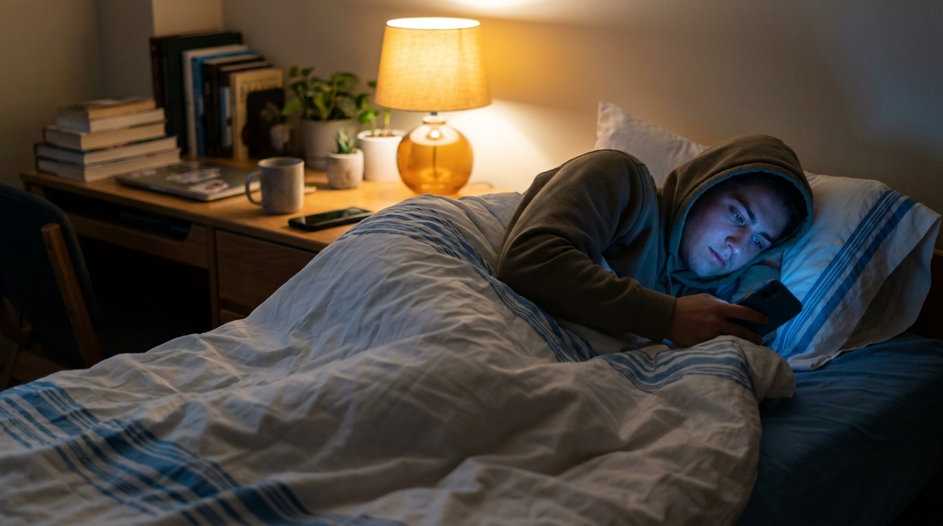 College student in a dorm bed at night with phone screen glowing
