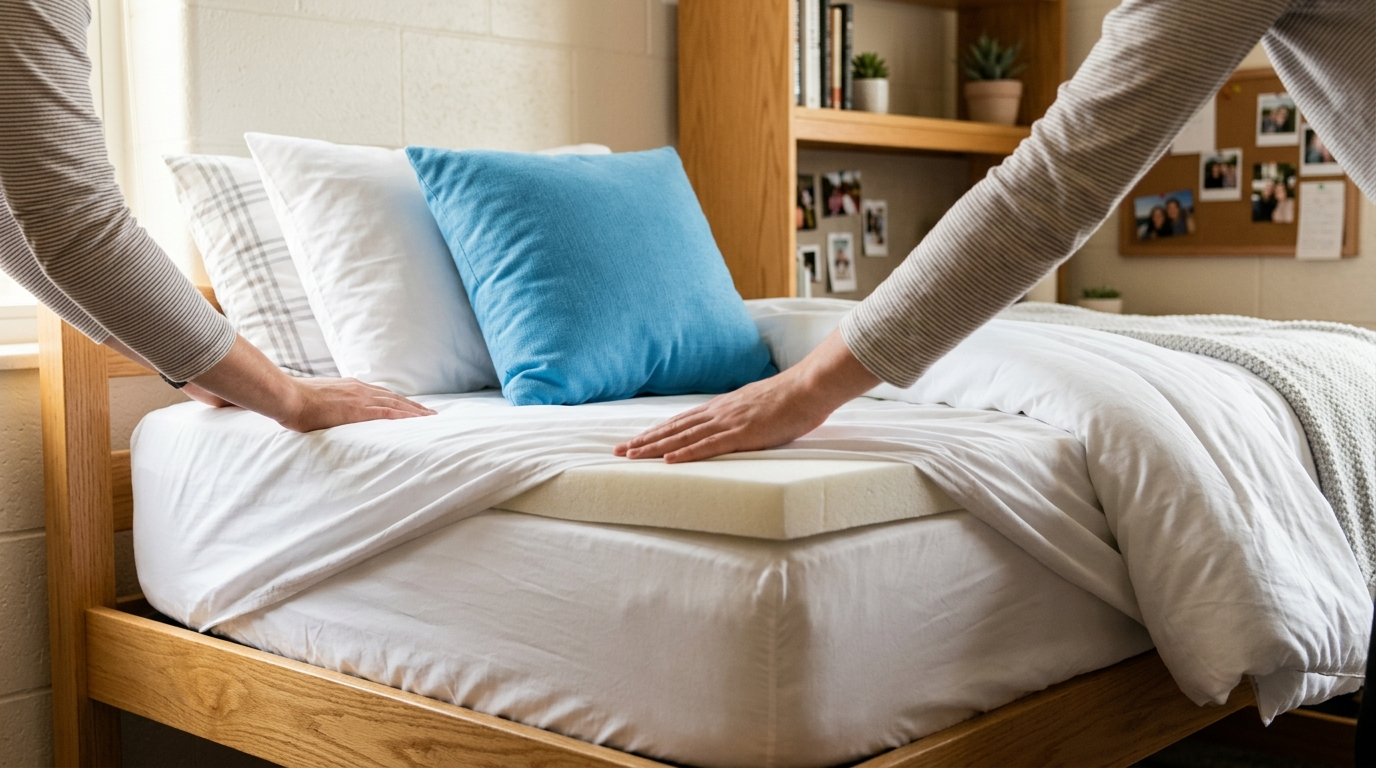 Fitted sheet being smoothed over a mattress topper on a Twin XL dorm bed