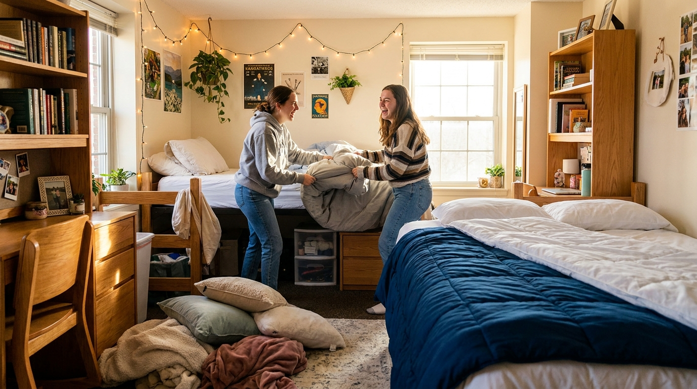 Two college roommates laughing while making up a Twin XL dorm bed together