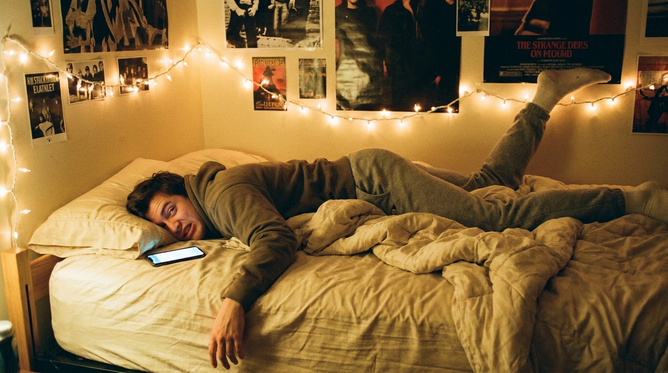 College student sprawled dramatically on a Twin XL dorm bed with bamboo bedding