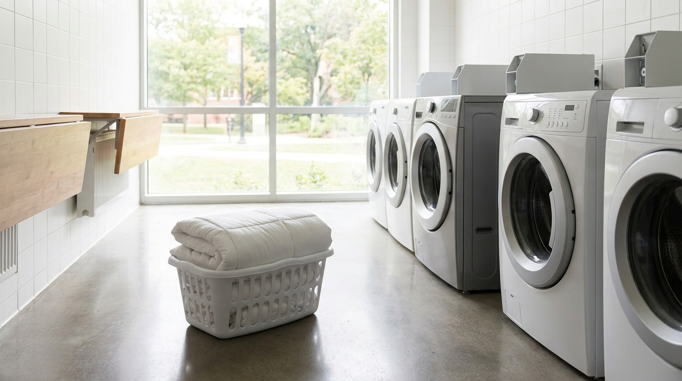 Dorm laundry room with front-load washing machines and a laundry basket holding a folded white comforter