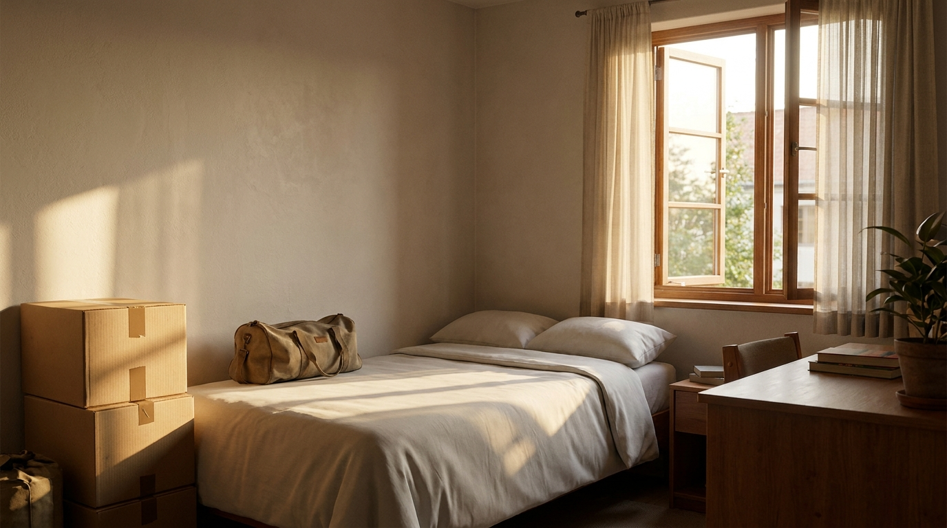 Sunlit dorm room in late summer with a neatly made bed, open window, and packed moving boxes