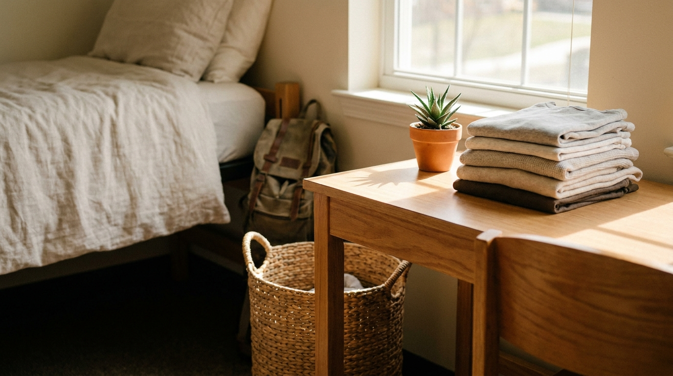 A tidy college dorm room on a Sunday morning with folded laundry, a laundry basket, and warm natural light