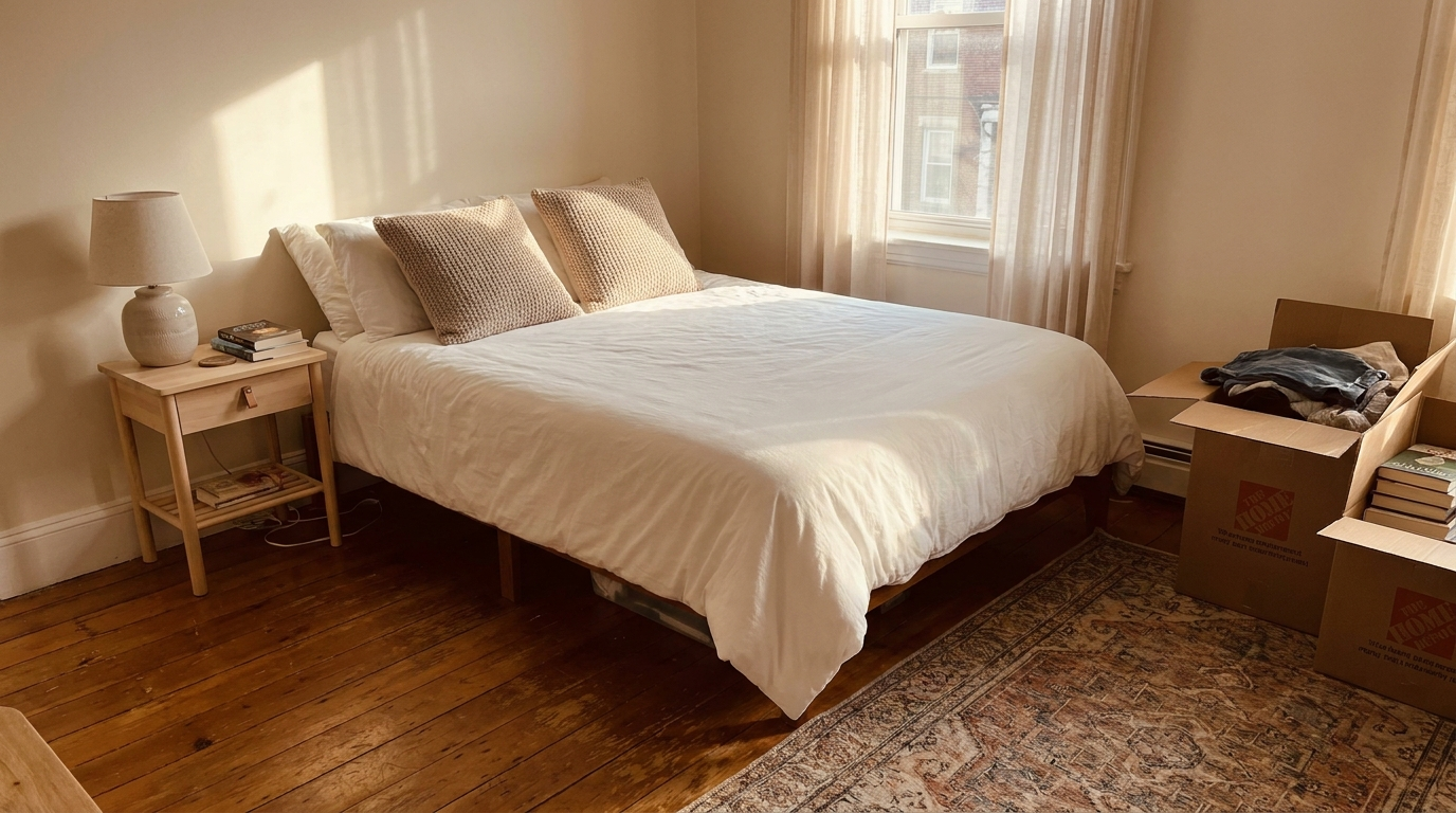 Cozy off-campus college apartment bedroom with a neatly made bed, nightstand lamp, and a few moving boxes