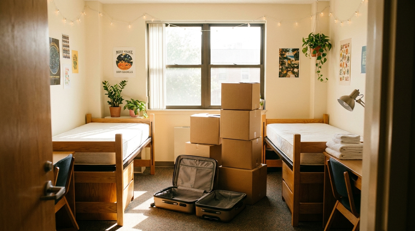 College dorm room on move-in day with two bare twin beds, moving boxes, and open suitcases